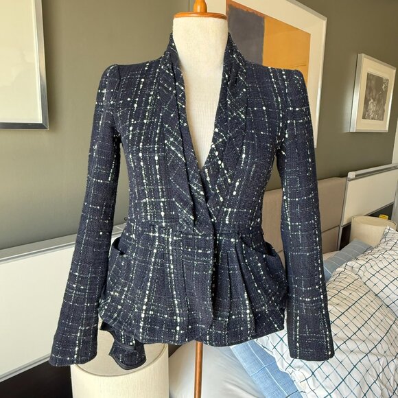 Nanette Lepore Maddalena Tweed Navy Blue Blazer Belted Mermaid Asymmetric Sz 0 - Picture 6 of 12